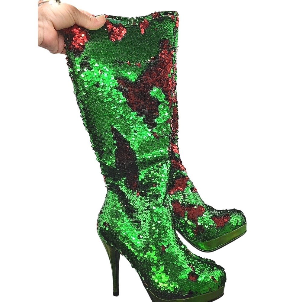 NWOT ELLIE SHOES Green/Red Womens Mermaid Flip Sequins Knee High Boot Size 8
